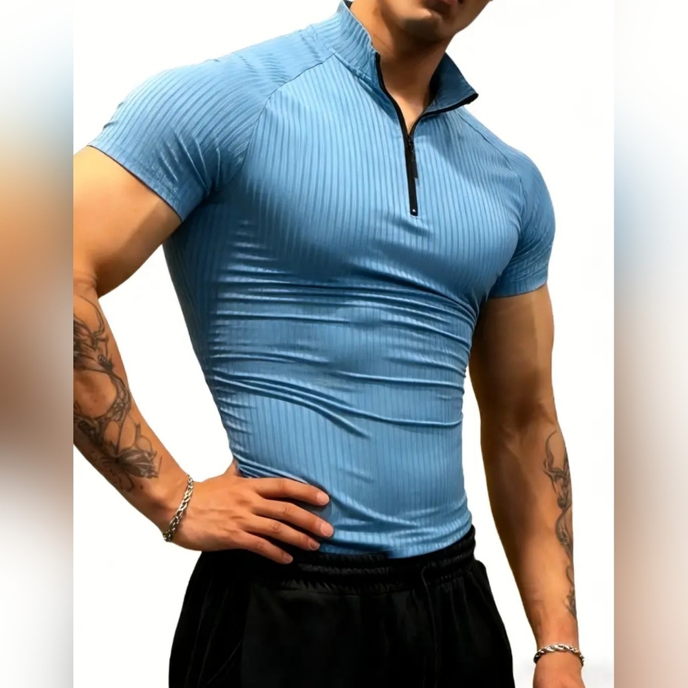 Men's  Half Zip Tee Fitness Compression Ribbed Shirt XXL Sky Blue